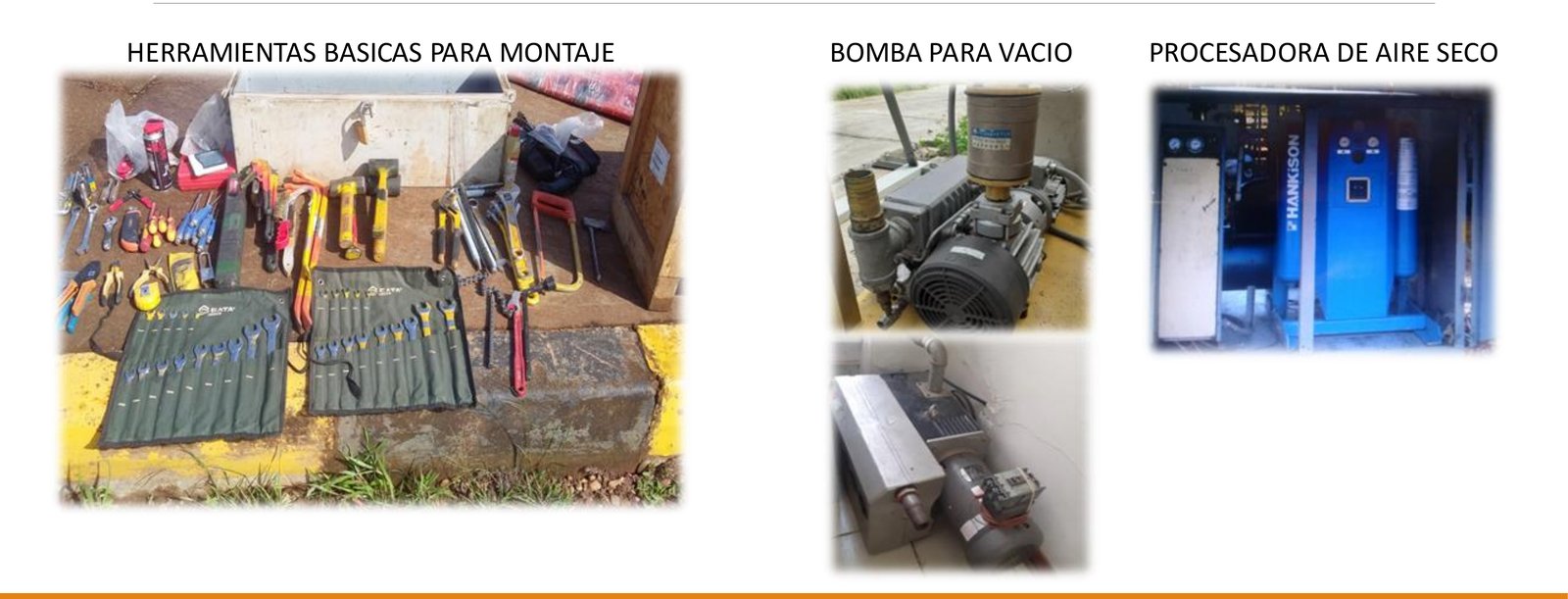 Herramientas básicas para montaje, bomba para vacío y procesadora de aire seco